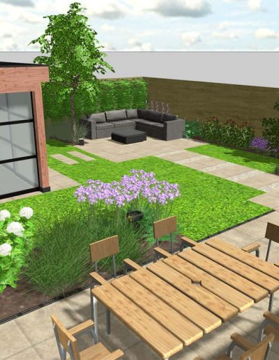 tuinontwerp hoekwoning met lounge en beplanting